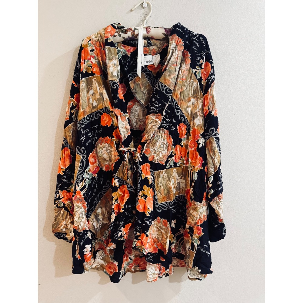 Vintage Adrian Jordan Floral Portrait Script Print Rayon Blouse Plus Size 18/20
